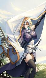  absurdres armor armored_dress banner battle_standard black_panties black_thighhighs blonde_hair blood blue_hair breasts chains chinese_commentary cloud cloudy_sky commentary commission cosplay covered_nipples cuts cy9 day fate/grand_order fate_(series) faulds female flag gauntlets gorget gradient_hair headpiece highres holding holding_flag hololive hololive_english injury jeanne_d&#039;arc_(fate) jeanne_d&#039;arc_(ruler)_(fate) jeanne_d&#039;arc_(ruler)_(fate)_(cosplay) medium_breasts multicolored_hair orange_eyes outdoors panties pixiv_commission plackart scabbard sheath sheathed sky solo standard_bearer standing sword takanashi_kiara thighhighs torn_clothes torn_thighhighs underwear virtual_youtuber war_flag weapon windmill 