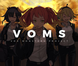  3girls :d alternate_costume amano_pikamee antennae arms_behind_back bag black_hair cigarette closed_eyes copyright_name crying explosion formal hairband hikasa_tomoshika jitomi_monoe long_sleeves magnet multicolored_hair multiple_girls open_mouth pant_suit pants red_hair sharp_teeth short_hair shoulder_bag smile smoke smoking suit teeth toromera twintails two-tone_hair virtual_youtuber voms walking_away yellow_eyes 