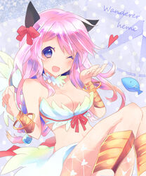  :d animal_ears bangle bikini blush bow bracelet bracer breasts cat_ears cleavage commentary_request eon_(greencastle) feathered_wings feet_out_of_frame female fish hairbow heart jewelry long_hair looking_at_viewer medium_breasts one_eye_closed open_mouth pink_hair purple_eyes ragnarok_online red_bow smile solo swimsuit wanderer_(ragnarok_online) white_bikini white_wings wings 