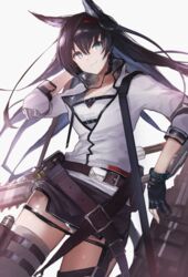  animal_ears arknights belt black_belt black_gloves black_hair black_skirt blaze_(arknights) blue_eyes cat_ears chest_belt commentary cowboy_shot female gloves grey_background hair_between_eyes hairband hand_guard highres jacket long_hair looking_at_viewer miniskirt red_hairband shoulder_strap simple_background skirt smile solo thighhighs weasel_(close-to-the-edge) white_jacket 