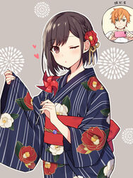  1boy ;o blue_kimono blush braid brother_and_sister brown_hair camellia camellia_print female firework_background floral_print flower hair_flower hair_ornament hair_ribbon heart highres holding holding_phone holding_pinwheel japanese_clothes kimono multicolored_hair natsu_matsuri_narihibiku_oto_wa_(project_sekai) obi obijime one_eye_closed orange_hair parted_lips phone pinching_sleeves pinwheel project_sekai red_flower red_sash ribbon sash shachi_(kaisendon) shinonome_akito shinonome_ena shirt short_hair siblings sidelocks solo_focus streaked_hair striped_clothes striped_kimono sweatdrop taking_picture white_shirt yellow_ribbon 