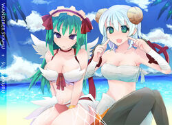  2girls arm_wrap bangle beach bikini black_pants blue_sky blush bow bracelet breasts brown_horns character_name cleavage closed_mouth cloud commentary_request curled_horns day eon_(greencastle) feathered_wings feet_out_of_frame frilled_hairband frills green_eyes green_hair hair_between_eyes hairband hairbow horns jewelry large_breasts long_hair looking_at_viewer medium_breasts mismatched_bikini multiple_girls ocean open_mouth outdoors palm_tree pants pointing pointing_at_self purple_eyes ragnarok_online red_bikini red_bow red_hairband sarashi short_hair sky smile sura_(ragnarok_online) swimsuit tree wanderer_(ragnarok_online) water white_bikini white_hair white_wings wings 