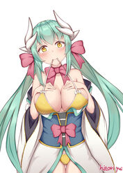  absurdres aqua_hair bikini breasts dragon_girl dragon_horns fate/grand_order fate_(series) female front-tie_bikini_top front-tie_top green_hair highres hitori_yui horns japanese_clothes kimono kiyohime_(fate) kiyohime_(swimsuit_lancer)_(fate) kiyohime_(swimsuit_lancer)_(first_ascension)_(fate) long_hair medium_breasts multiple_horns obi sash solo swimsuit yellow_bikini yellow_eyes 