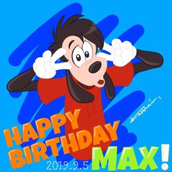  1:1 2019 abstract_background anthro birthday canid canine canis clothing disney domestic_dog english_text gloves goof_troop handwear hi_res kappei_yamaguchi male mammal max_goof shirt solo t-shirt text topwear 