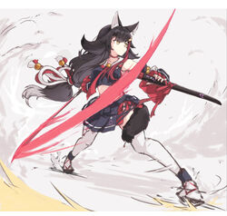  animal_ear_fluff animal_ears black_hair black_shirt black_skirt chinese_commentary commentary_request crop_top detached_sleeves female hakuya_(white_night) holding holding_sheath holding_sword holding_weapon hololive long_hair multicolored_hair neckerchief ookami_mio ookami_mio_(1st_costume) pose red_hair red_neckerchief sheath shirt skirt slashing solo streaked_hair sword tail tail_around_own_leg thighhighs two-tone_hair virtual_youtuber weapon white_thighhighs wolf_ears wolf_girl wolf_tail yellow_eyes 