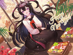  ahoge bento black_hair earrings epic_seven female flower folding_screen food food_art hair_ornament hanbok hanh_chu happy_new_year highres jewelry korean_clothes long_hair new_year open_mouth pantyhose petals purple_eyes purple_nails red_flower solo specter_tenebria_(dark_tyrant)_(epic_seven) specter_tenebria_(epic_seven) tako-san_wiener tenebria_(epic_seven) variant_set wisteria 