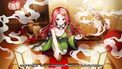  akariko breasts brown_eyes brown_hair checkered_clothes checkered_scarf cleavage closed_mouth copyright_notice cup drinking_glass female full_body futatsuiwa_mamizou futatsuiwa_mamizou_(human) glasses green_kimono holding holding_smoking_pipe indoors japanese_clothes kimono kiseru lantern leaf leaf_on_head long_sleeves nail_polish official_art oil-paper_umbrella pillow red_nails sarashi scarf seiza sitting smoke smoking smoking_pipe solo tokkuri touhou touhou_danmaku_kagura umbrella vase wine_glass 