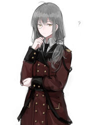  ? ahoge black_necktie buttons coat collared_shirt double-breasted epaulettes female girls&#039;_frontline grey_hair griffin_&amp;_kryuger_military_uniform hair_tie hand_to_own_mouth helianthus_(girls&#039;_frontline) highres long_hair military military_uniform monocle necktie ponytail rampart1028 red_coat scrunchie serious shirt sidelocks solo strap uniform white_background wrist_cuffs yellow_eyes 