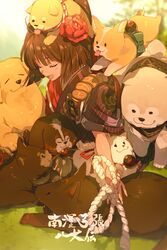  ahoge akita_inu bernese_mountain_dog breasts brown_hair canine closed_eyes daikaku_(fate) dousetsu_(fate) echo_(circa) fate/grand_order fate_(series) female floral_print flower genpachi_(fate) golden_retriever grey_kimono hair_flower hair_ornament hair_ribbon husky japanese_clothes kai_ken keno_(fate) kimono kobungo_(fate) kyokutei_bakin_(fate) kyokutei_bakin_(first_ascension)_(fate) long_hair medium_breasts multicolored_clothes multicolored_kimono open_mouth ponytail red_kimono red_ribbon ribbon rope samoyed_(dog) sash shiba_inu shinbei_(dog)_(fate) shino_(fate) sitting smile sousuke_(fate) translated very_long_hair welsh_corgi 