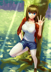  absurdres against_tree alternate_costume aozaki_aoko blue_eyes blurry blurry_background brown_footwear brown_hair chinese_commentary commentary cqqz0707 denim denim_shorts female grass highres light_rays looking_at_viewer mahou_tsukai_no_yoru pantyhose pantyhose_under_shorts photoshop_(medium) shirt shorts smile solo standing standing_on_one_leg sunbeam sunlight tree waving white_pantyhose white_shirt 