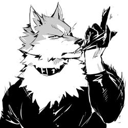  1:1 angry anthro brand_new_animal canid canine canis clothed clothing gesture gloves hand_gesture handwear jacketbear looking_at_viewer male mammal middle_finger monochrome shirou_ogami solo studio_trigger topwear wolf 