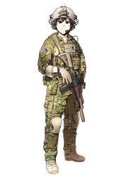  1boy absurdres american_flag assault_rifle black_eyes black_hair camouflage commentary_request commission gloves gun headset helmet highres holding holding_gun holding_weapon korean_commentary looking_at_viewer m4_carbine male_focus military mk_18_carbine original rifle shino_(r_shughart) smile solo united_states_army watch weapon wristwatch 