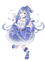  :d ahoge ankle_ribbon back_bow belt blue_bow blue_eyes blue_footwear blue_hair bow braid breasts buttons clenched_hands collarbone commentary female floral_print frilled_gloves frilled_legwear frills full_body gloves hair_between_eyes hat highres jumping knees leg_ribbon long_hair looking_at_viewer miteinano_(mitei_nano28) nijisanji pink_ribbon ribbon simple_background small_breasts smile solo twin_braids virtual_youtuber wavy_mouth white_background white_gloves wrist_ribbon yuuki_chihiro yuuki_chihiro_(8th_costume) 