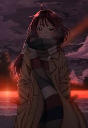  blush brown_coat brown_eyes brown_hair coat female hands_in_pockets love_live! love_live!_sunshine!! ojyomu saitou_shuka scarf short_hair smile solo sunset voice_actor 