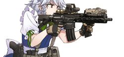  aiming ar-15 assault_rifle belt braid brown_eyes commentary_request eotech female gloves gun h&amp;k_hk416 handgun holding holding_gun holding_weapon holstered izayoi_sakuya korean_commentary laser_sight magazine_(weapon) rifle shino_(r_shughart) solo touhou trigger_discipline utility_belt vertical_foregrip weapon white_background white_hair 