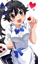  :d absurdres ahoge apron araragi_karen black_eyes black_hair black_skirt blue_apron blue_bow blue_bowtie blush bow bowtie breasts buttons collared_shirt commentary_request dress_shirt egg_hair_ornament female food-themed_hair_ornament frilled_apron frills gingham gingham_apron hair_ornament hairbow hands_up happy heart highres holding holding_plate kobeya kobeya_uniform large_breasts long_hair looking_at_viewer mashimaro_tabetai monogatari_(series) open_mouth plate puffy_short_sleeves puffy_sleeves shirt short_sleeves side_ponytail skirt smile solo standing underbust v-shaped_eyebrows waist_apron waitress watanabe_akio_(style) white_apron white_shirt 