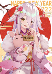  2022 absurdres ahoge amco blush branch commentary_request commission egasumi ema english_text feline female floral_print flower hair_between_eyes hair_flaps hair_flower hair_ornament happy_new_year highres holding indie_virtual_youtuber japanese_clothes kikumon kimono light_purple_hair long_hair long_sleeves looking_at_viewer mole mole_under_eye nail_polish new_year open_mouth pixiv_commission print_kimono rainbow red_sun seigaiha sign smile solo standing stuffed_animal stuffed_toy tsurime upper_body virtual_youtuber vomiting_rainbows wide_sleeves yellow_eyes yoruno_suyari 