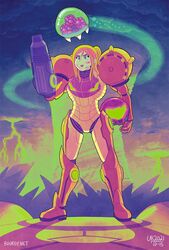  arm_cannon armor assault_visor blonde_hair blue_eyes bruise commentary cuts english_commentary female green_visor helmet highres holding holding_helmet injury lightning looking_up metroid metroid_(creature) metroid_2:_return_of_samus ponytail power_armor power_suit samus&#039;s_gunship samus_aran sidelocks thebourgyman tornado unworn_headwear unworn_helmet varia_suit weapon 