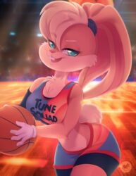  anthro ball basketball_(ball) basketball_court basketball_uniform blonde_hair blue_eyes buckteeth chest_tuft clothing female fur gloves hair half-closed_eyes handwear hi_res lagomorph leporid lola_bunny looney_tunes mammal narrowed_eyes obakawaii rabbit solo space_jam space_jam:_a_new_legacy sportswear tan_body tan_fur teeth tuft uniform warner_brothers 