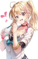  .live ahoge bad_id bad_twitter_id blonde_hair bow bowtie bracelet choker collarbone cup darjeeling_(reley) disposable_cup drinking_straw earrings female gold_bracelet heart holding holding_cup jewelry looking_at_viewer loose_bowtie multicolored_hair nekonoki_mochi oerba_yun_fang pink_choker pink_eyes shirt short_sleeves side_ponytail simple_background smile solo streaked_hair unbuttoned upper_body virtual_youtuber white_background white_shirt 