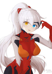  :d absurdres blue_eyes bodysuit breasts chinese_commentary commentary cosplay crossover diaoyidimaomao eyepatch female heterochromia highres honkai_(series) honkai_impact_3rd kiana_kaslana kiana_kaslana_(void_drifter) long_hair looking_back neon_genesis_evangelion open_mouth ponytail simple_background smile solo souryuu_asuka_langley souryuu_asuka_langley_(cosplay) white_background white_hair yellow_eyes 