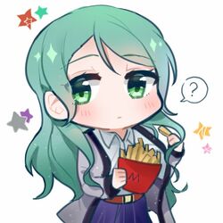  ? aqua_hair bang_dream! belt blue_shirt blue_skirt chibi collared_shirt commentary_request female food french_fries green_eyes grey_jacket hayano_hikawa hikawa_sayo holding holding_food jacket long_hair long_sleeves shirt simple_background skirt solo spoken_question_mark star_(symbol) white_background 