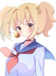  blonde_hair blue_cape breasts cape closed_mouth collar collarbone commentary earrings female gem hair_between_eyes hair_intakes hair_tie jewelry light_blush looking_at_viewer medium_breasts medium_hair neckerchief poptepipic popuko red_collar red_neckerchief school_uniform serafuku shirt simple_background smile solo suzume_anko twintails upper_body white_background white_shirt yellow_eyes 