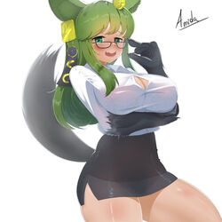  absurdres amidasketchbook animal_ears animal_hands anubis_(monster_girl_encyclopedia) artist_name bad_id bad_pixiv_id black_shirt blush breasts claws cleavage commentary dress_shirt fangs female glasses green_eyes green_hair hair_ornament highres jackal_ears jackal_tail large_breasts monster_girl monster_girl_encyclopedia office_lady open_mouth shirt sidelocks skirt smile solo thighs white_shirt 