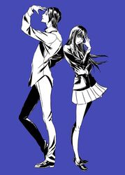  1boy blazer blunt_bangs bow female jacket kitagawa_yuusuke kosei_high_school_uniform long_hair monochrome persona persona_5 pleated_skirt pose raibellchiori school_uniform short_hair skirt tougou_hifumi trait_connection wind wind_lift 