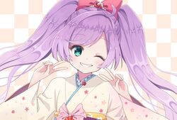  ahoge bow checkered_background commentary double_v female floral_print green_eyes grin hairbow japanese_clothes light_blush long_hair looking_at_viewer manaka_laala one_eye_closed pretty_series pripara purple_hair red_bow smile solo straight-on suzume_anko teeth twintails upper_body v 