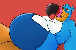  2020 avian beak belly bird froot_loops half-closed_eyes hi_res kellogg&#039;s male mascot moobs narrowed_eyes open_beak open_mouth open_smile overweight overweight_male red_background rosco_chubz simple_background smile solo toucan toucan_sam 