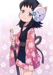  absurdres aqua_eyes black_hair blush closed_mouth commentary_request cowboy_shot female floral_print fox_mask highres holding holding_sword holding_weapon japanese_clothes kimetsu_no_yaiba kimono makomo_(kimetsu) mask mask_on_head nanoningen_(anapoko) pink_kimono print_kimono smile solo sword unworn_mask weapon 