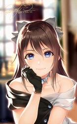  bare_shoulders black_bow black_dress black_gloves blue_eyes blurry blurry_background bow brown_hair buttons choker collarbone dress drop_earrings earrings evening_gown female gloves hair_between_eyes hairbow highres hozumi_kaoru jewelry lace lace_gloves long_hair looking_at_viewer love_live! love_live!_nijigasaki_high_school_idol_club multicolored_clothes necklace off-shoulder_dress off_shoulder osaka_shizuku sidelocks sleeveless sleeveless_dress solitude_rain_(love_live!) solo two-tone_dress white_dress 