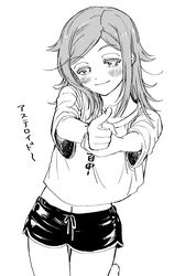  aiming aiming_at_viewer baburo bad_id bad_pixiv_id barefoot blush clothes_writing commentary_request cowboy_shot drawstring female finger_gun flipped_hair foot_up greyscale head_tilt highres kunichika_yuu long_hair looking_at_viewer midriff monochrome navel shirt shorts simple_background sleeves_pushed_up smile solo t-shirt thigh_gap world_trigger 