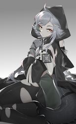  ahoge arknights bare_shoulders black_thighhighs commentary crocodilian_tail female gloves gradient_background grey_background grey_gloves hood long_hair long_sleeves newflame solo tail thighhighs thighs tomimi_(arknights) white_hair 