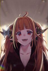  ahoge backlighting black_ribbon blonde_hair blunt_bangs blurry blurry_background bow breasts bright_pupils collarbone commentary diagonal-striped_bow diagonal_stripes dragon_girl dragon_horns emblem fangs female hair_ribbon hololive hood hooded_track_jacket horn_bow horn_ornament horns jacket kiryu_coco kiryu_coco_(loungewear) kyou_fumei light_particles logo long_hair looking_at_viewer multicolored_eyes multicolored_hair official_alternate_costume open_mouth orange_hair pointy_ears purple_eyes red_eyes ribbon sidelocks slit_pupils solo streaked_hair striped striped_bow track_jacket twintails upper_body virtual_youtuber white_pupils zipper zipper_pull_tab 