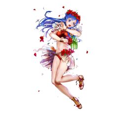  bare_arms bikini blue_eyes blue_hair bracelet breasts bunbun female fingernails fire_emblem fire_emblem:_the_binding_blade fire_emblem_heroes flower full_body hair_ornament head_wreath hibiscus high_heels highres holding jewelry leaf leaf_fan lilina_(fire_emblem) lilina_(summer)_(fire_emblem) long_hair medium_breasts navel official_art open_mouth petals red_bikini revision sandals second-party_source simple_background solo stomach swimsuit toeless_footwear toes torn_clothes white_background 