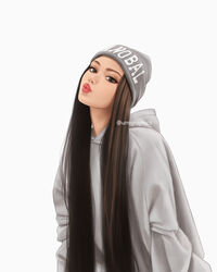  blackpink blue_eyes brown_hair female hat highres hood hoodie k-pop lips lisa_(blackpink) long_hair looking_at_viewer real_life solo umigraphics upper_body white_background 