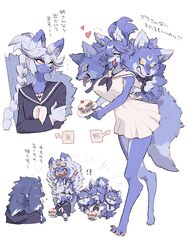  1boy 2girls absurdres black_serafuku blue_fur blue_hair blue_neckerchief body_fur braid braided_ponytail cerberus collar digitigrade dress facing_away fangs food fork furry furry_female hand_on_own_shoulder heart high_ponytail highres holding holding_food holding_fork inu_fuji long_sleeves looking_at_another medium_hair multiple_girls multiple_heads multiple_views neckerchief open_mouth original sailor_collar school_uniform serafuku short_dress sidelocks spiked_collar spikes tongue tongue_out upper_body walking white_background white_dress white_neckerchief yellow_eyes 