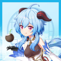  :p ahoge bare_shoulders bell black_gloves blue_hair blush bow breasts coconut commentary_request detached_sleeves drinking_straw female fruit_cup ganyu_(genshin_impact) genshin_impact gloves gold_trim highres horns long_hair looking_at_viewer medium_breasts miaoxfv neck_bell partial_commentary purple_eyes sidelocks solo tongue tongue_out upper_body white_sleeves 