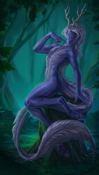  5_fingers abs absurd_res anthro antlers asian_mythology blue_body blue_scales claws digital_media_(artwork) dragon east_asian_mythology eastern_dragon feet fingers hair hi_res horn male mythological_creature mythological_scalie mythology nude pecs pupils reptilian_eyes scales scalie silgiriya_mantsugosi slit_pupils solo tail toes white_hair yellow_eyes 