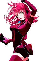  absurdres arm_up baburo blush breasts commentary_request cowboy_shot elbow_gloves female floating_hair gloves green_eyes gun handgun headphones highres holding holding_gun holding_weapon holster katori_squad&#039;s_uniform katori_youko large_breasts long_hair long_sleeves looking_at_viewer open_mouth pink_gloves pink_hair pink_theme pink_thighhighs simple_background solo spinning thighhighs turtleneck uniform weapon white_background world_trigger 