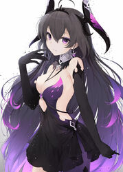  ahoge bare_shoulders between_breasts black_dress black_gloves black_hair breasts cleavage cloudy.r commentary_request cowboy_shot dress elbow_gloves epic_seven female gloves gradient_hair hand_up highres horns jewelry long_hair looking_at_viewer medium_breasts multicolored_hair pendant purple_eyes purple_hair purple_legwear single_leg_pantyhose solo specter_tenebria_(dark_tyrant)_(epic_seven) specter_tenebria_(epic_seven) standing tenebria_(epic_seven) tiara very_long_hair 