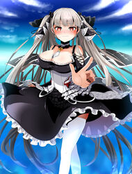  azur_lane between_breasts black_dress black_nails blunt_bangs blush breasts closed_eyes commentary_request detached_collar dress earrings embarrassed female formidable_(azur_lane) frilled_dress frills highres houshi jewelry large_breasts long_hair looking_at_viewer ocean off-shoulder_dress off_shoulder platinum_blonde_hair pointing pointing_at_viewer red_eyes sky solo thighhighs turret two-tone_dress two-tone_ribbon very_long_hair white_thighhighs 