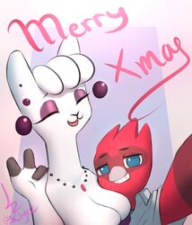  alpaca anthro avian avio_(avioylin) bird blue_eyes breasts camelid christmas clothed clothing duo ear_piercing female fur gesture hair happy hi_res holidays jewelry looking_at_viewer male mammal medium_breasts mommy_alpaca piercing red_body romantic romantic_couple sclyre selfie simple_background smile text waving white_body white_fur white_hair 