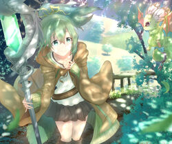  absurdres animal black_footwear black_skirt boots brown_cloak cloak commentary_request day duel_monster female green_eyes green_hair hair_between_eyes hair_ribbon hand_up highres holding holding_staff hood hood_down knee_boots long_hair looking_at_viewer nukenin outdoors ribbon skirt smile staff standing sunlight tail wynn_(yu-gi-oh!) wynn_the_wind_charmer_verdant yu-gi-oh! 