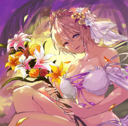  bare_shoulders bikini bikini_top_only blonde_hair blue_eyes blush breasts cleavage collarbone europa_(granblue_fantasy) europa_(summer)_(granblue_fantasy) female flower granblue_fantasy hair_between_eyes hair_flower hair_ornament large_breasts lily_(flower) looking_at_viewer nos_(nos_tsn) official_alternate_costume open_mouth palm_tree petals purple_eyes short_hair smile solo sunset swimsuit tiara tree white_bikini white_nails 