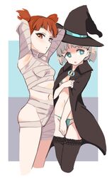  2girls aki_(girls_und_panzer) aomushi_(mushamusha) arms_behind_head arms_up bandages bikini black_cape black_headwear blush breasts bright_pupils cape cape_tug commentary covering_crotch covering_privates cropped_legs girls_und_panzer green_bikini green_eyes hair_tie half-closed_eyes halloween_costume hat highres light_brown_hair looking_at_viewer mikko_(girls_und_panzer) multiple_girls mummy_costume navel open_mouth red_eyes red_hair short_hair short_twintails small_breasts standing string_bikini swimsuit twintails white_pupils witch_hat 