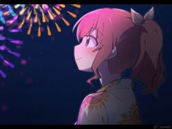  bang_dream! blue_eyes blush brown_hair commentary_request female festival fireworks floral_print from_side gyaheung hair_ribbon japanese_clothes kimono letterboxed night outdoors ponytail ribbon sidelocks sky smile solo star_(sky) starry_sky twitter_username upper_body yamabuki_saya yellow_kimono 