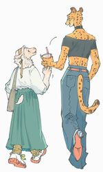  2019 3:5 5_fingers anthro ass beastars belt bottomwear bovid caprine choker clothed clothing container crop_top cup denim denim_bottomwear denim_clothing domestic_sheep duo felid female fengta719 fingers footwear happy jeans jewelry leopard mammal necklace pantherine pants peach_(beastars) purse sheep sheila_(beastars) shirt shoes simple_background smile straw_(disambiguation) topwear 